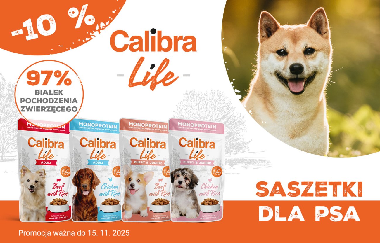 Zdjęcie psa, 4 rodzaje saszetek dla psów Calibra Dog Life i tekst: Karma dla psów, 10% zniżki, promocja ważna do 15.11.2025