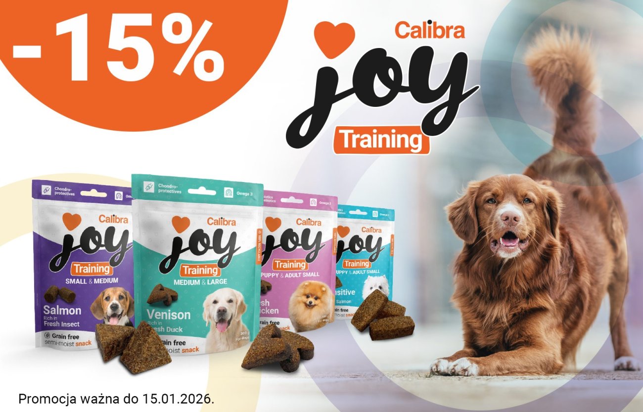 Pies rasy kanadyjski retriever i 4 opakowania przysmaków Calibra JOY Training oraz tekst: -15%, promocja ważna do 15.01.2026