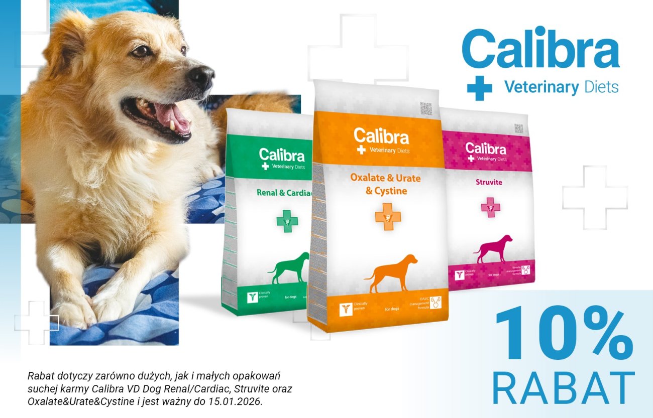 Zdjęcie psa oraz sucha i mokra karma Calibra Dog VD Renal, VD Struvite i VD Oxalate z napisem: Rabat 10%, ważny do 15.1.2026