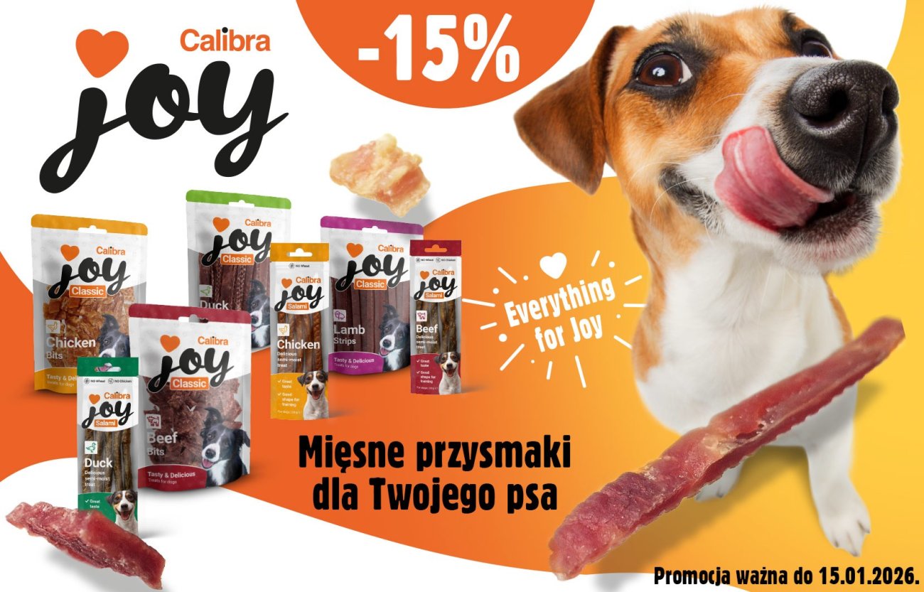 Pies z wywieszonym językiem i kilka opakowań przysmaków Calibra JOY z napisem: -15%, promocja ważna do 15.01.2026