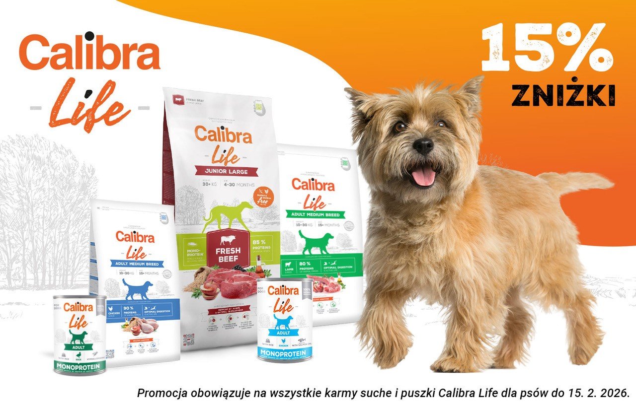 Zdjęcie psa z wyciągniętym językiem a granulki i konserwy Calibra Life + tekst: 15% zniżki, promocja ważna do 15.2.2026