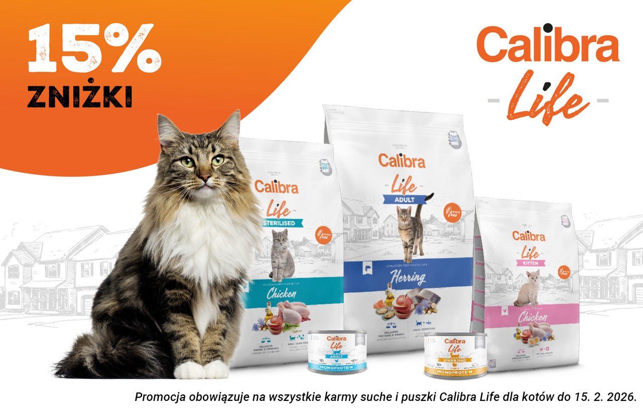 Zdjęcie siedzącego kota oraz zdjęcia suchych karm i puszek Calibra Life + tekst: 15% zniżki, promocja ważna do 15.02.2026