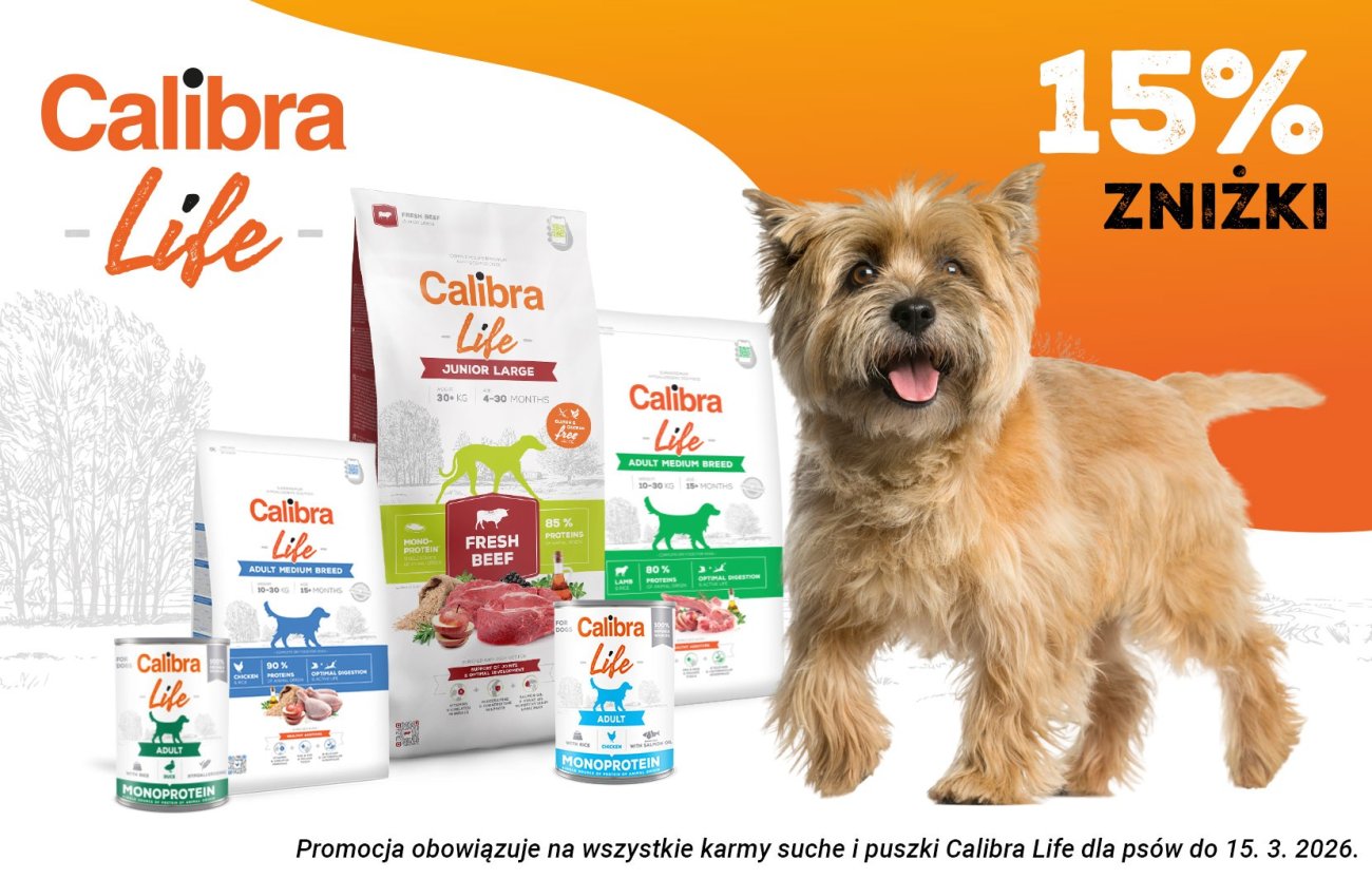 Zdjęcie psa z wyciągniętym językiem a granulki i konserwy Calibra Life + tekst: 15% zniżki, promocja ważna do 15.3.2026
