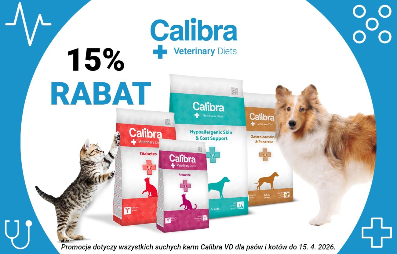 Zdjęcia psa, kota i 4 opakowań karmy weterynaryjnej Calibra + tekst: 15% zniżki na suchą karmę dla psów i kotów do 15.04.2026