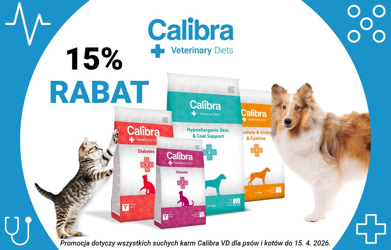 Zdjęcia psa, kota i 4 opakowań karmy weterynaryjnej Calibra + tekst: 15% zniżki na suchą karmę dla psów i kotów do 15.04.2026