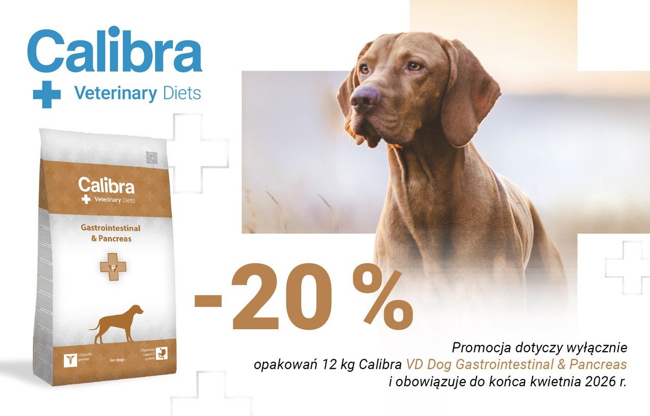 Zdjęcie psa i obrazek karmy Calibra VD Dog Gastrointestinal+Pancreas oraz tekst: -20%, promocja ważna do końca kwietnia 2026r