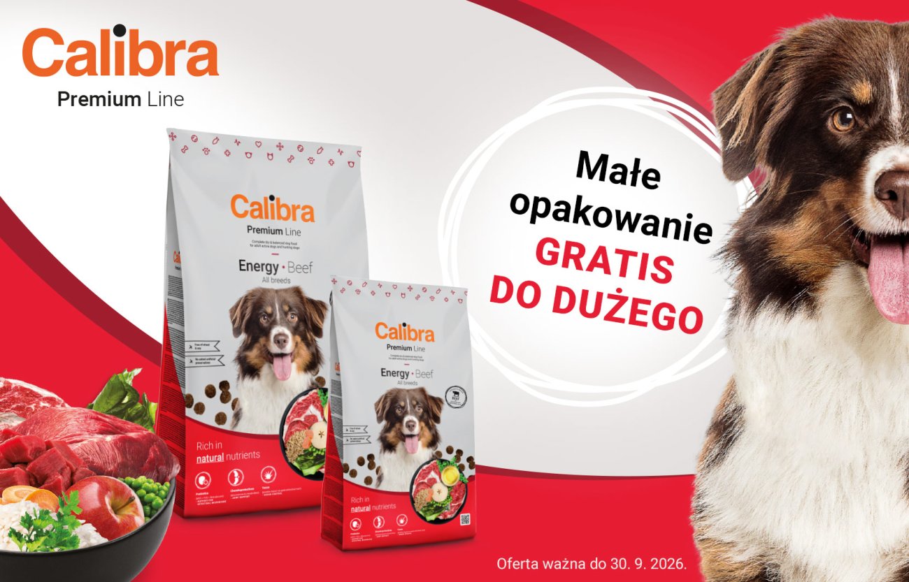 Baner Calibra Premium Line: do dużego opakowania karmy dla psów małe opakowanie gratis. Promocja obowiązuje do 30.09.2026.