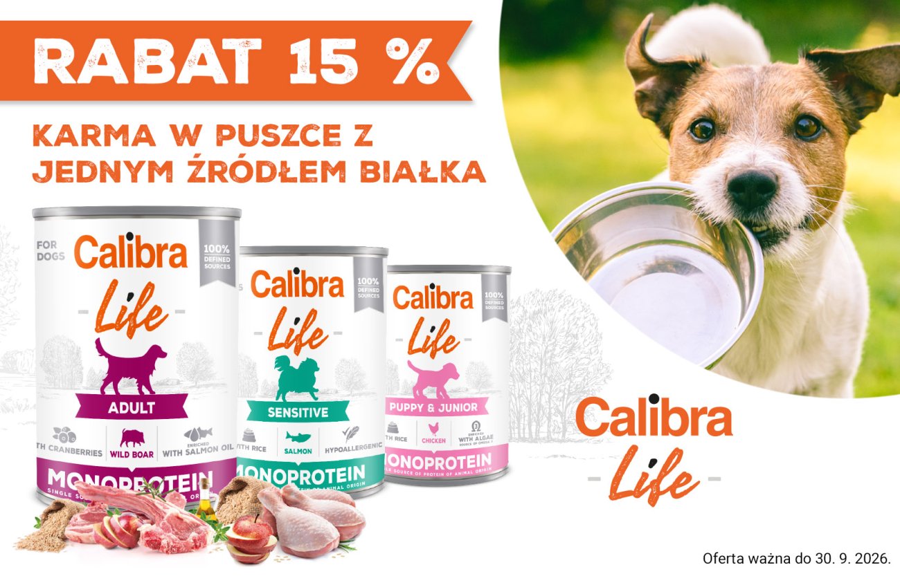 Baner Calibra Life: 15% zniżki na monobiałkowe karmy mokre dla psów. Promocja obowiązuje do 30.09.2026.