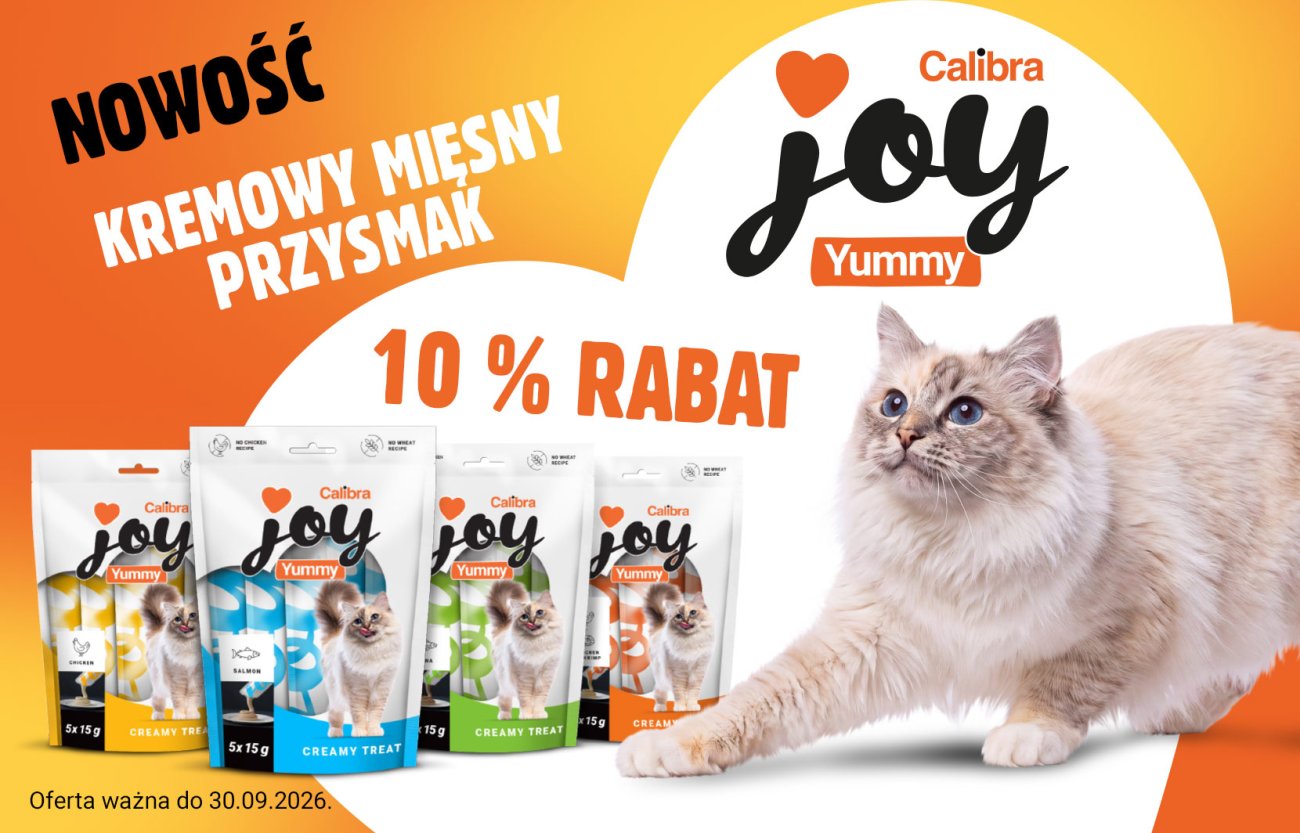 Baner Calibra Joy Yummy: 10% zniżki na kremowe mięsne przysmaki dla kotów. Promocja obowiązuje do 30.09.2026.